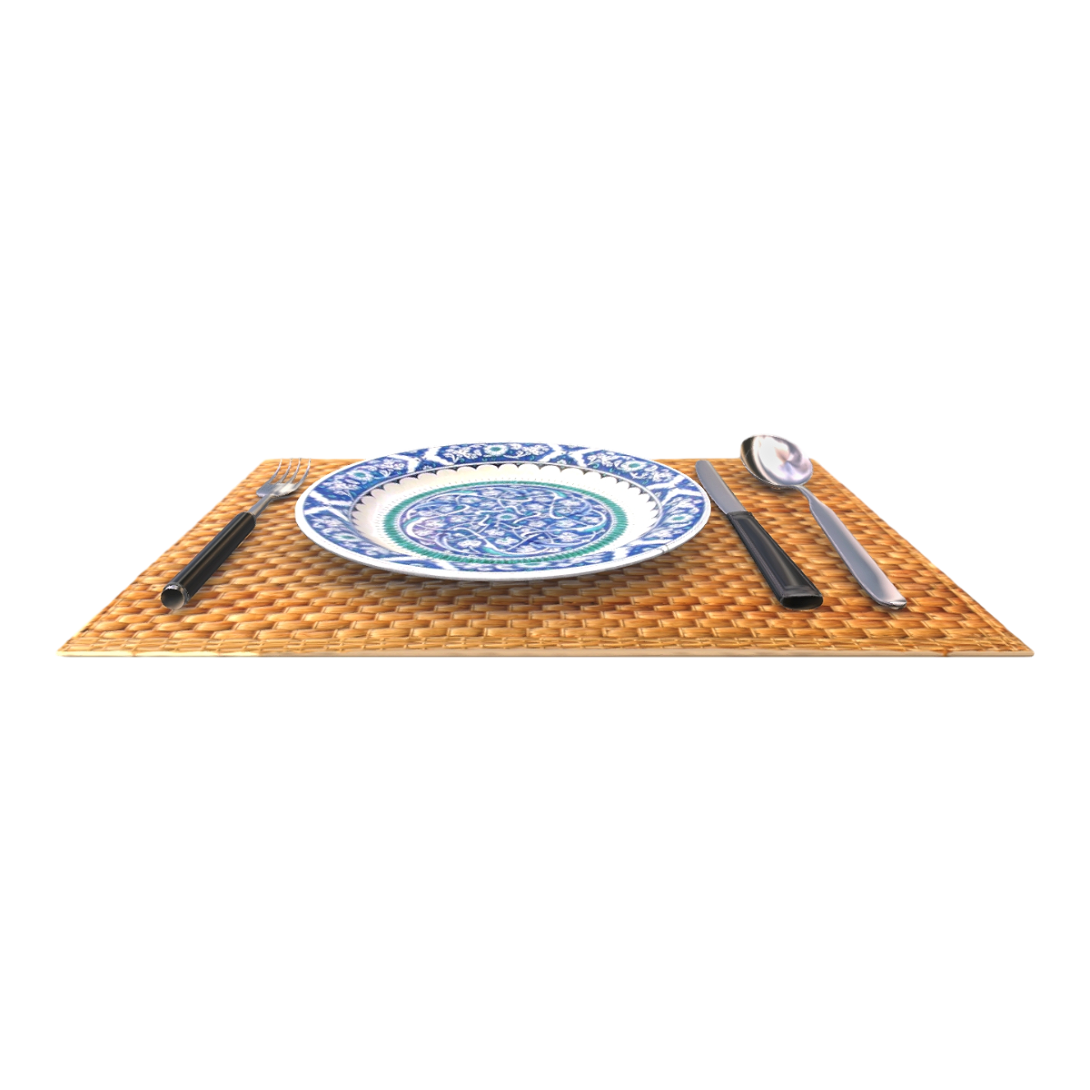 北欧现代家用藤编垫青花瓷碟子刀叉勺-餐具模型预览图